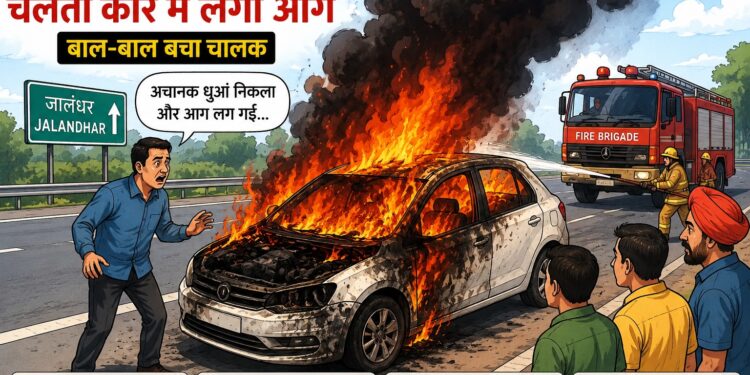जालंधर हाईवे पर चलती कार बनी आग का गोला, बाल-बाल बची चालक की जान