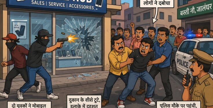 जालंधर में मोबाइल शोरूम पर फायरिंग, एक आरोपी लोगों ने दबोचा
